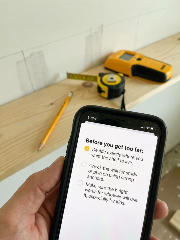 ai-photo-studio-1766516446259-1 Hand holding a phone with shelf installation tips, alongside tools on a wooden plank for DIY home improvement projects. | Sky Rye Design Hand holding a phone with shelf installation tips, alongside tools on a wooden plank for DIY home improvement projects.