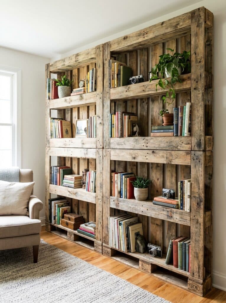 ai-photo-studio-1766516522747-1 Rustic wooden bookshelf with plants, vintage cameras, and books beside a cozy armchair in a bright living room. | Sky Rye Design Rustic wooden bookshelf with plants, vintage cameras, and books beside a cozy armchair in a bright living room. diy pallet bookshelf