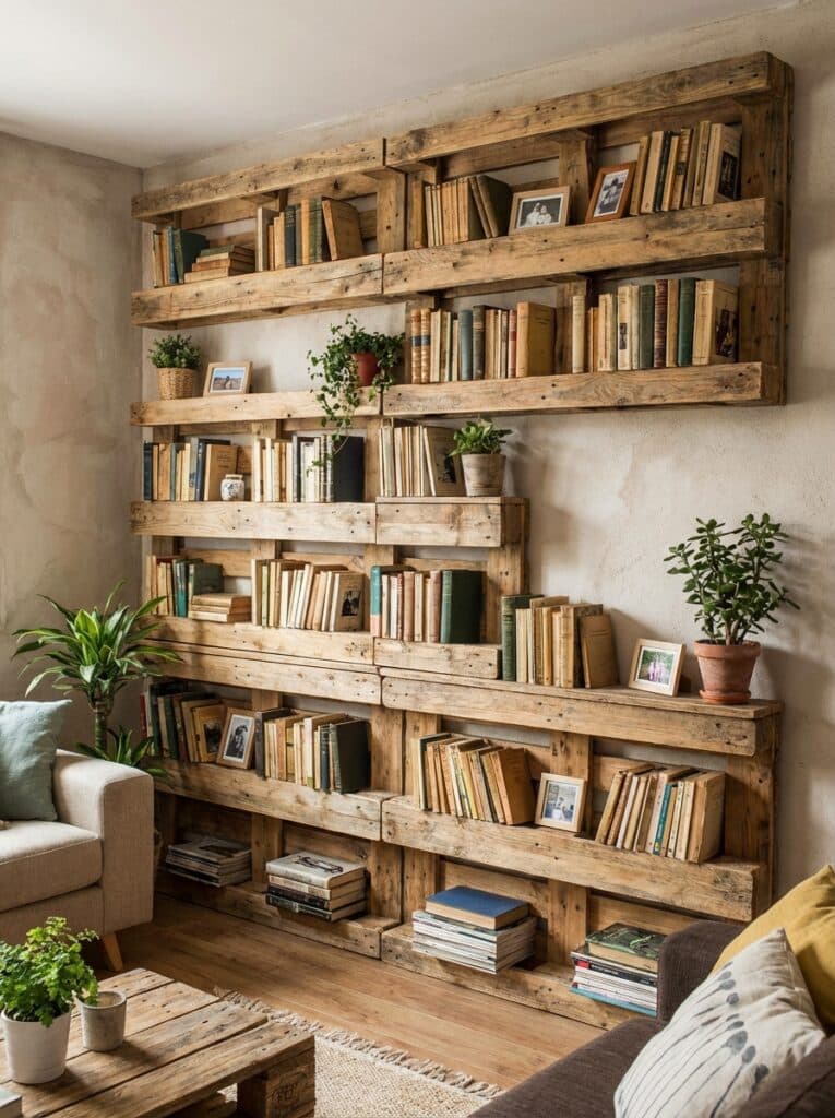 ai-photo-studio-1766516525198-2 Rustic wooden bookshelves with vintage books and potted plants in a cozy living room setting with hardwood floors and a beige couch. | Sky Rye Design Rustic wooden bookshelves with vintage books and potted plants in a cozy living room setting with hardwood floors and a beige couch.