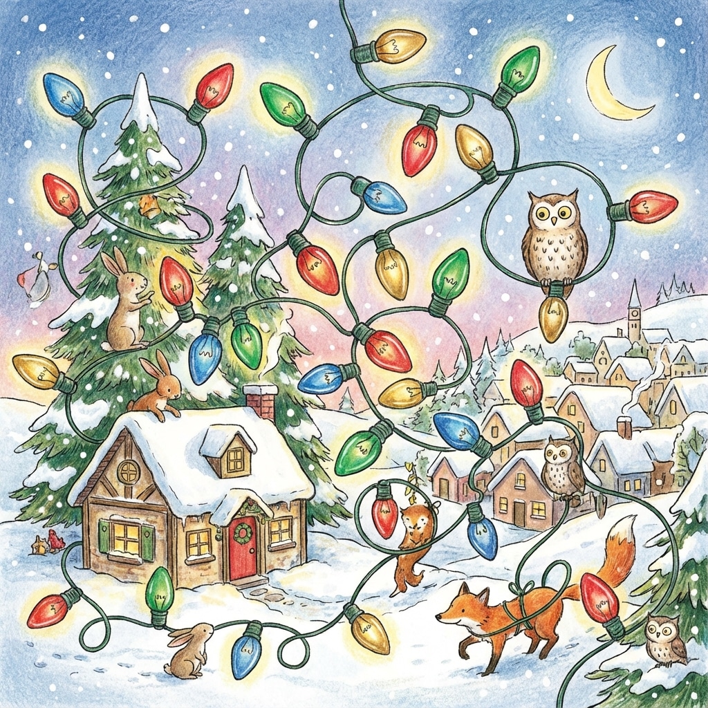 ai-photo-studio-1766563529055-1 Winter woodland scene with animals, colorful Christmas lights, snowy cabin, pine trees, and a crescent moon under a starry night sky. | Sky Rye Design Winter woodland scene with animals, colorful Christmas lights, snowy cabin, pine trees, and a crescent moon under a starry night sky.