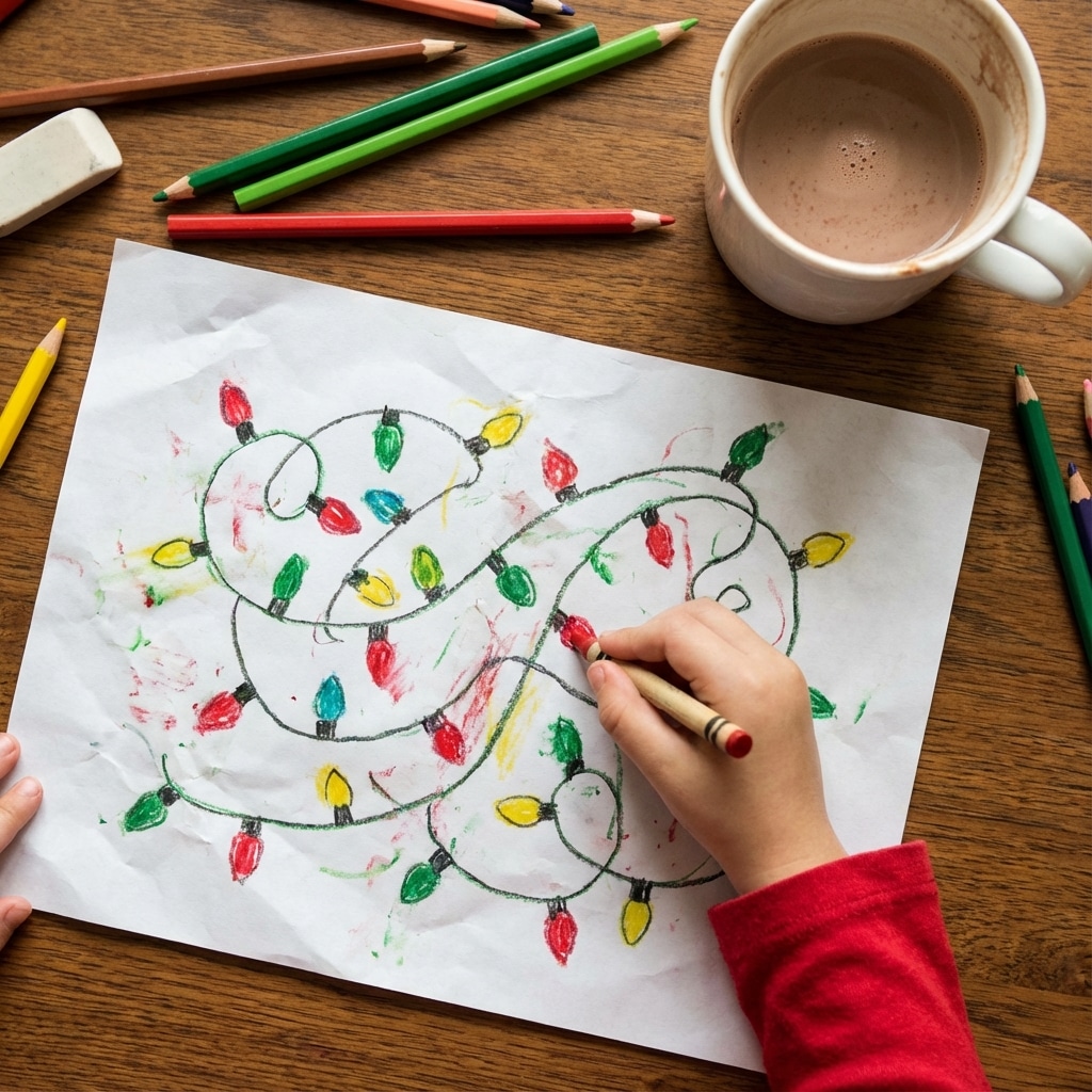 ai-photo-studio-1766563680344-1 Child drawing colorful Christmas lights with crayons, surrounded by colored pencils and a mug of hot chocolate on a wooden table. | Sky Rye Design Child drawing colorful Christmas lights with crayons, surrounded by colored pencils and a mug of hot chocolate on a wooden table.