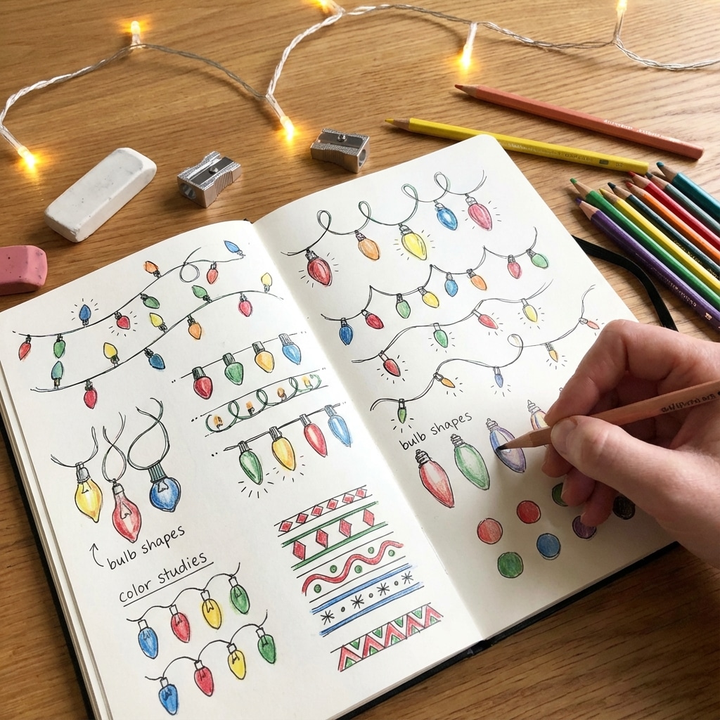 ai-photo-studio-1766563683373-2 Sketchbook with colorful Christmas light bulb drawings and color studies. Hand holding a pencil, surrounded by pencils and erasers. | Sky Rye Design Sketchbook with colorful Christmas light bulb drawings and color studies. Hand holding a pencil, surrounded by pencils and erasers.