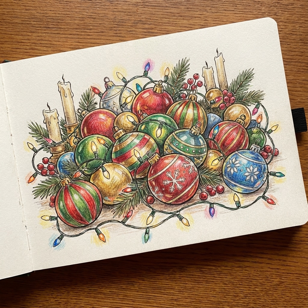 ai-photo-studio-1766565683938-1 Festive sketchbook illustration of colorful Christmas ornaments, glowing lights, candles, and pine branches, capturing holiday spirit. | Sky Rye Design Festive sketchbook illustration of colorful Christmas ornaments, glowing lights, candles, and pine branches, capturing holiday spirit.