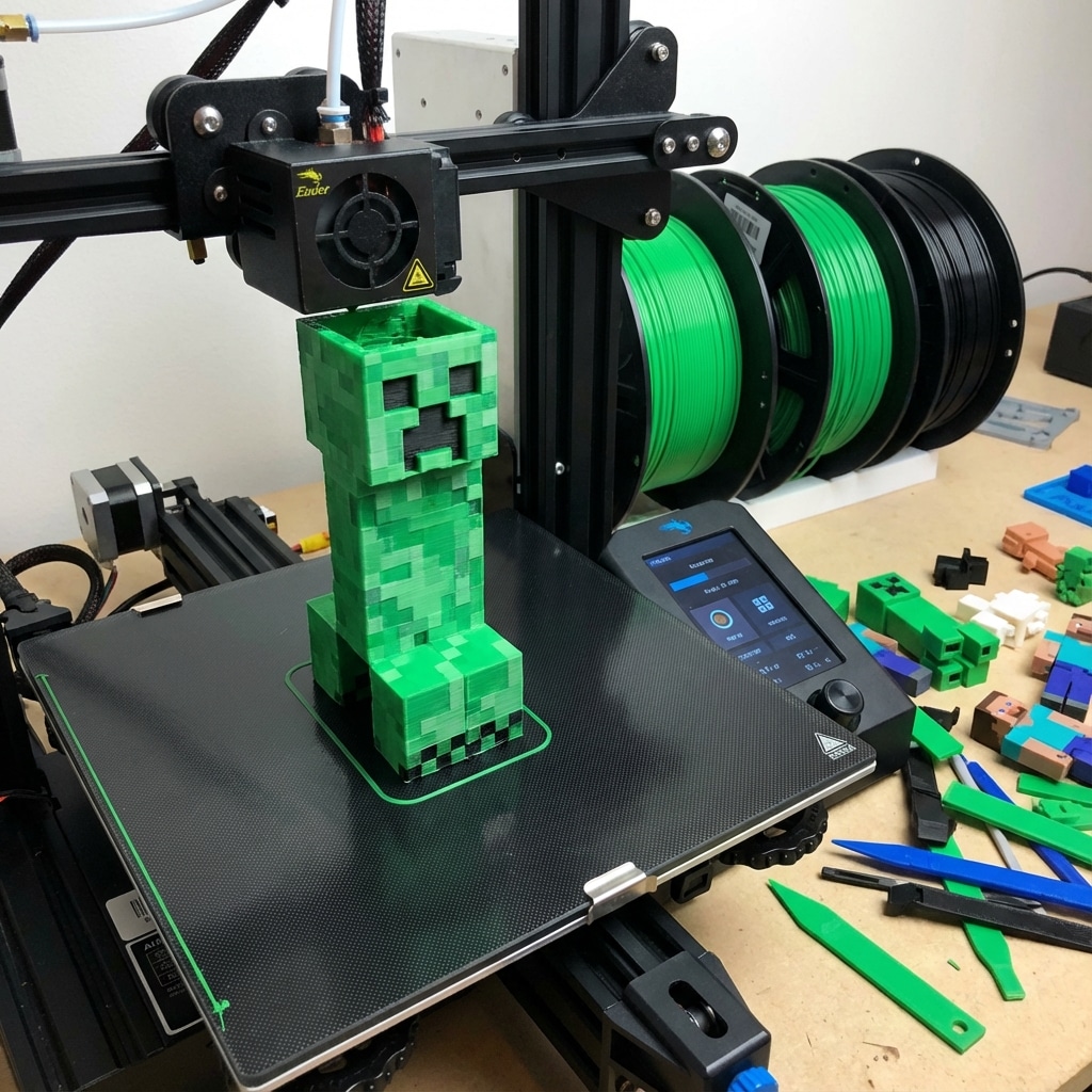 ai-photo-studio-1766593173380-1 3D printer creating a green pixelated figure on a desk with colorful filament spools and tools. | Sky Rye Design 3D printer creating a green pixelated figure on a desk with colorful filament spools and tools.