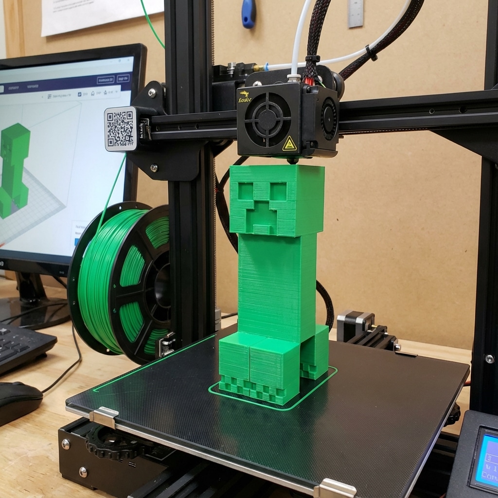 ai-photo-studio-1766593258299-1 3D printer crafting a green blocky figure next to a computer with design software visible. | Sky Rye Design minecraft creeper 3d print