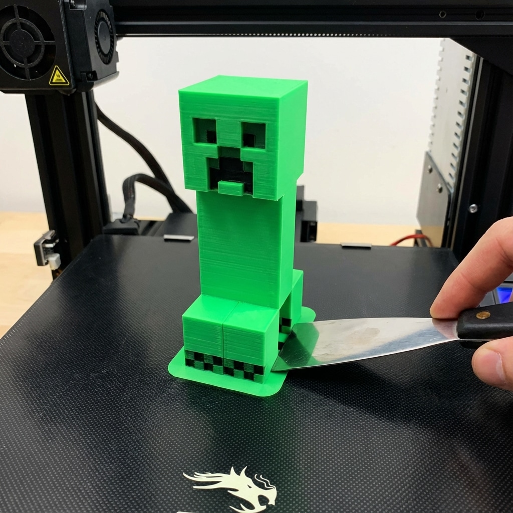 ai-photo-studio-1766594199710-2 3D-printed green block character on a printer bed being removed with a tool for quality inspection. | Sky Rye Design 3D-printed green block character on a printer bed being removed with a tool for quality inspection.