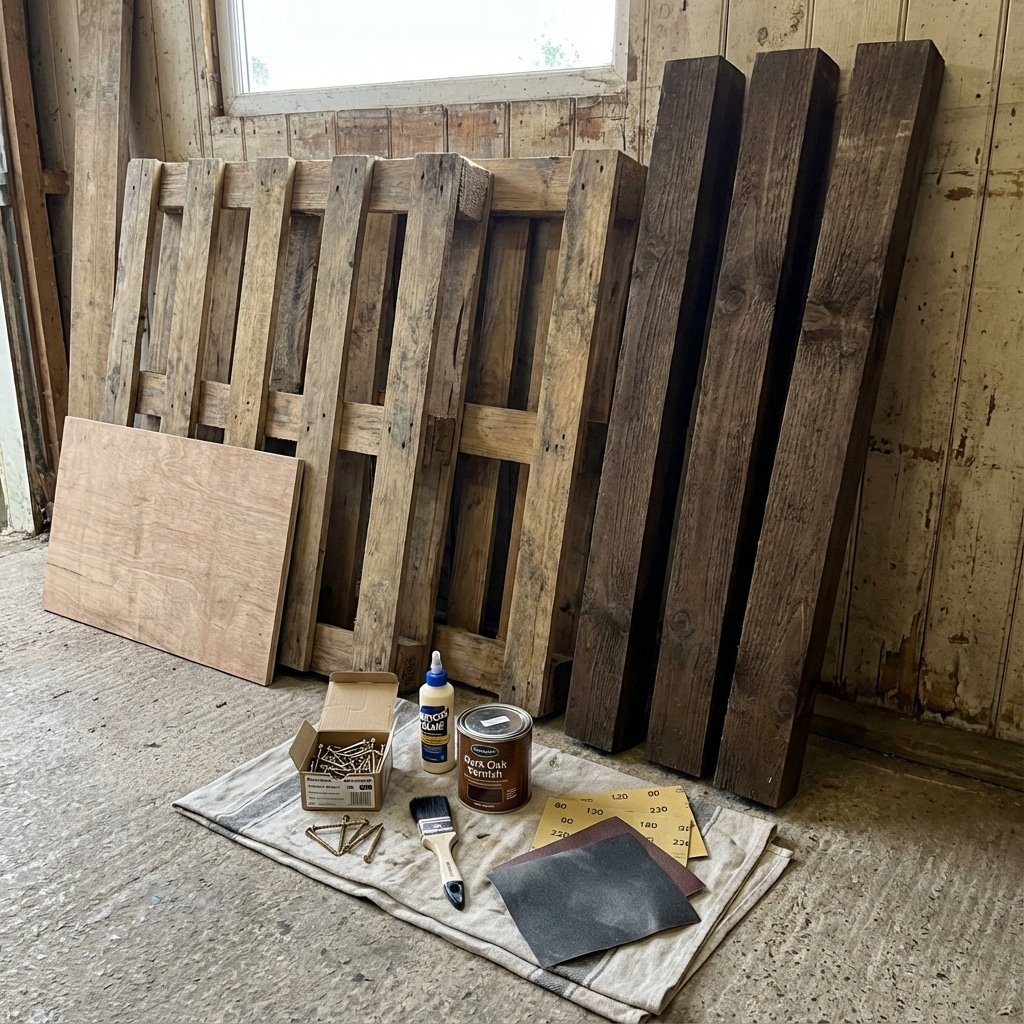 ai-photo-studio-1766673290554-1 Woodworking supplies ready for DIY project: wood pallets, nails, glue, varnish, sandpaper, and brush in a rustic workshop setting. | Sky Rye Design Woodworking supplies ready for DIY project: wood pallets, nails, glue, varnish, sandpaper, and brush in a rustic workshop setting.