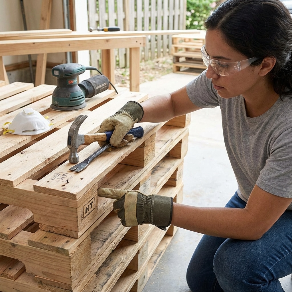 ai-photo-studio-1766673370618-1 Person wearing safety gear and gloves, using a hammer and chisel to work on wooden pallets in a workshop setting. | Sky Rye Design Person wearing safety gear and gloves, using a hammer and chisel to work on wooden pallets in a workshop setting.