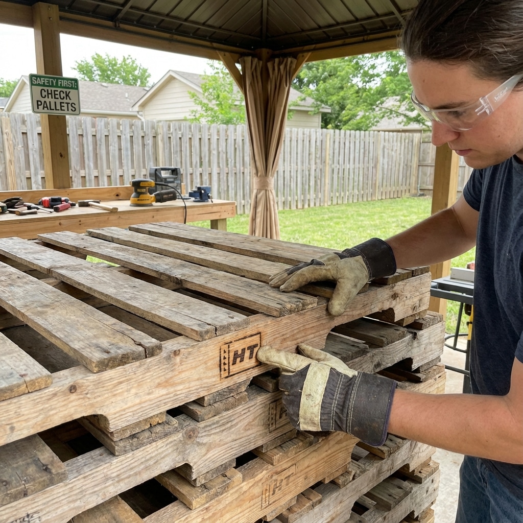 ai-photo-studio-1766673375519-2 Worker inspects stack of wooden pallets in outdoor workshop, wearing safety gear. | Sky Rye Design Worker inspects stack of wooden pallets in outdoor workshop, wearing safety gear.