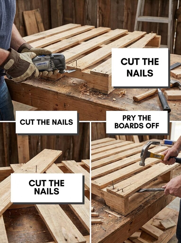 ai-photo-studio-1766673447134-1 Person dismantling a wooden pallet using a saw and hammer, cutting nails and prying boards off, in a workshop setting. | Sky Rye Design Person dismantling a wooden pallet using a saw and hammer, cutting nails and prying boards off, in a workshop setting.