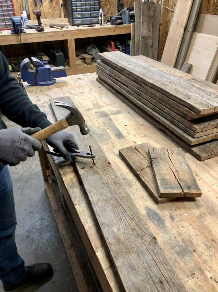 ai-photo-studio-1766673514920-1 Person using hammer and pliers to remove nails from wood in a workshop, surrounded by stacked wooden planks on a workbench. | Sky Rye Design Person using hammer and pliers to remove nails from wood in a workshop, surrounded by stacked wooden planks on a workbench.