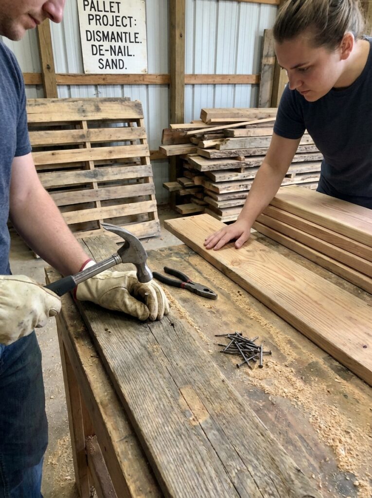 ai-photo-studio-1766673517201-2 People working on a woodworking project, using a hammer and nails, with stacks of wood pallets in the background. | Sky Rye Design People working on a woodworking project, using a hammer and nails, with stacks of wood pallets in the background.