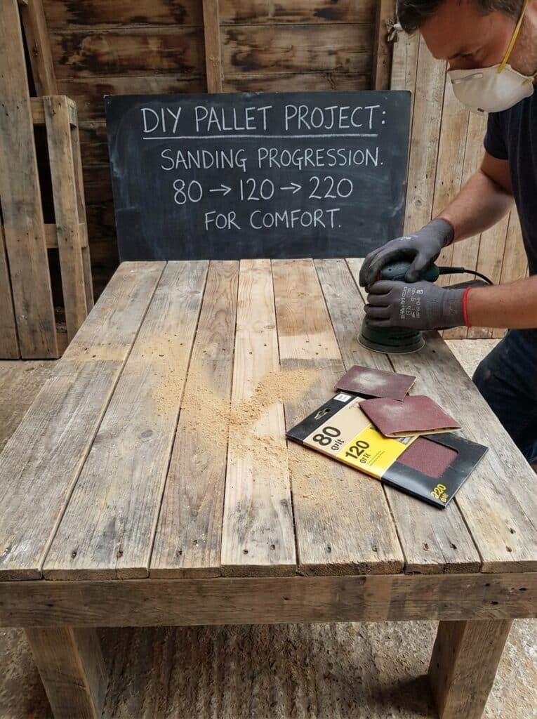 ai-photo-studio-1766673574983-2 Man sanding wooden table with electric sander; DIY pallet project instructions in background. Sandpaper grits 80, 120, 220 displayed. | Sky Rye Design Man sanding wooden table with electric sander; DIY pallet project instructions in background. Sandpaper grits 80, 120, 220 displayed.