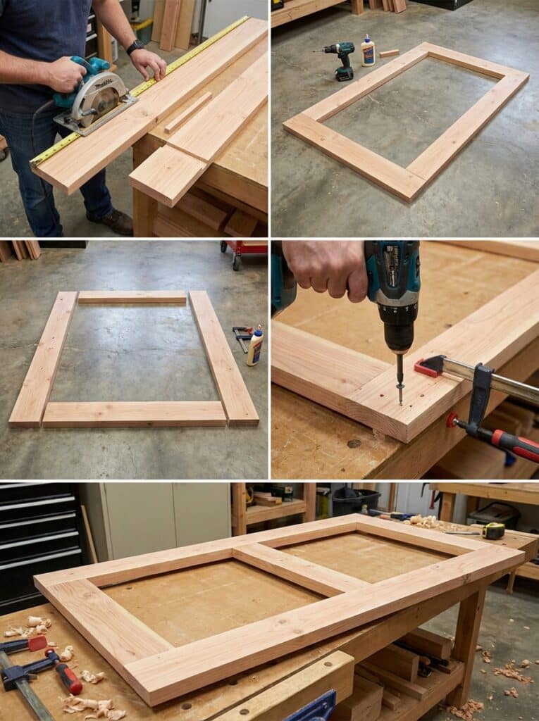 ai-photo-studio-1766673704931-1 Step-by-step guide on building a wooden frame, using tools like a saw and drill for DIY woodworking projects in a workshop setting. | Sky Rye Design Step-by-step guide on building a wooden frame, using tools like a saw and drill for DIY woodworking projects in a workshop setting.