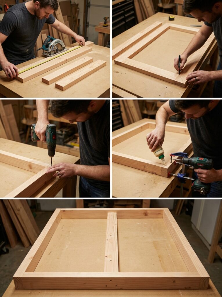 ai-photo-studio-1766673706614-2 Man building a wooden frame: measuring, marking, drilling, and assembling with tools. Step-by-step guide to woodworking. | Sky Rye Design Man building a wooden frame: measuring, marking, drilling, and assembling with tools. Step-by-step guide to woodworking.