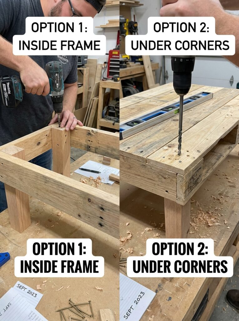 ai-photo-studio-1766673782998-2 Woodworking drill techniques: Option 1 inside frame, Option 2 under corners. DIY table assembly steps with tools and wood shavings. | Sky Rye Design Woodworking drill techniques: Option 1 inside frame, Option 2 under corners. DIY table assembly steps with tools and wood shavings.