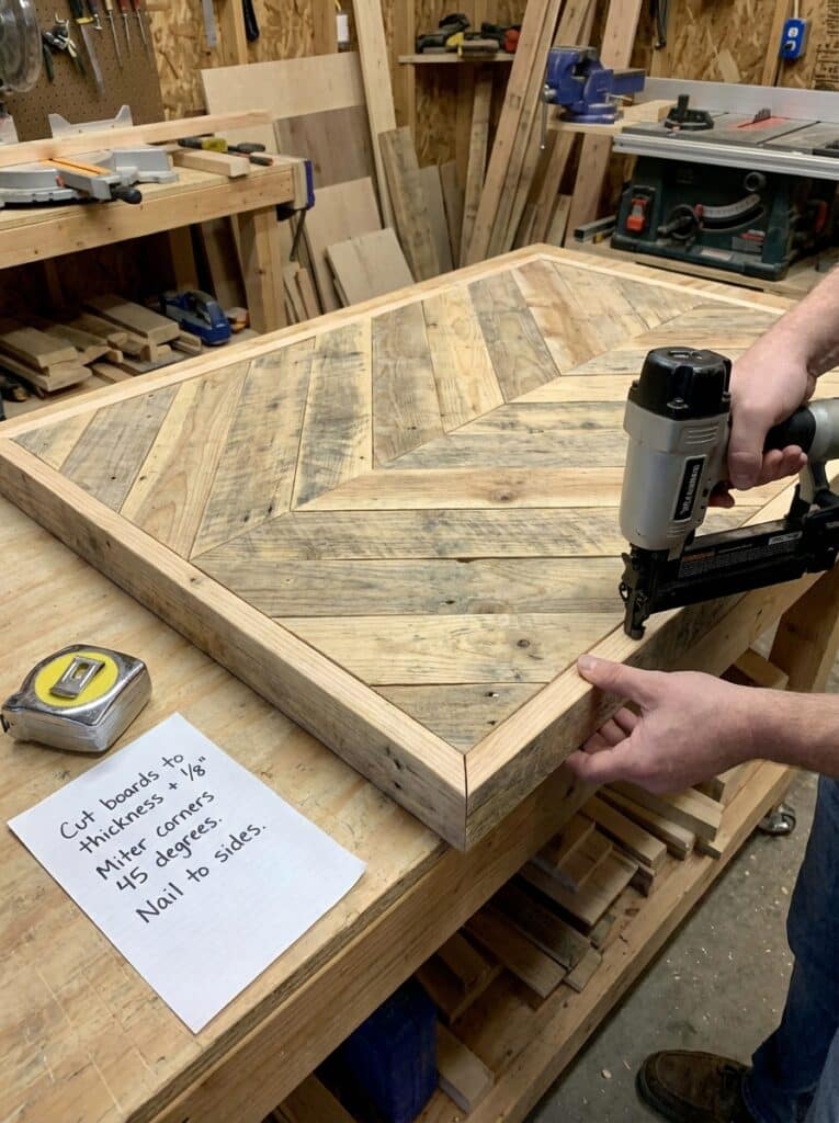 ai-photo-studio-1766673985331-1 Woodworking project in progress: framing a wooden panel with a nail gun. Tape measure and instructions on a workbench nearby. | Sky Rye Design Woodworking project in progress: framing a wooden panel with a nail gun. Tape measure and instructions on a workbench nearby.