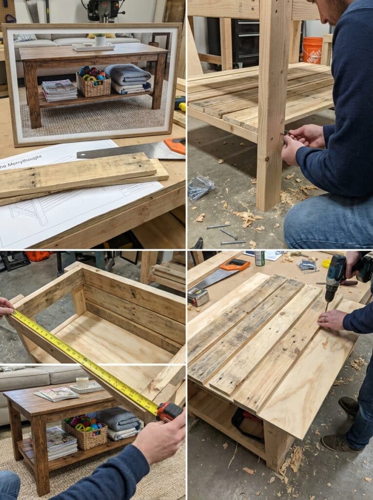 ai-photo-studio-1766674049704-1 DIY coffee table woodworking project with measuring, drilling, and assembling steps. Step-by-step guide to creating a rustic wooden table. | Sky Rye Design DIY coffee table woodworking project with measuring, drilling, and assembling steps. Step-by-step guide to creating a rustic wooden table.