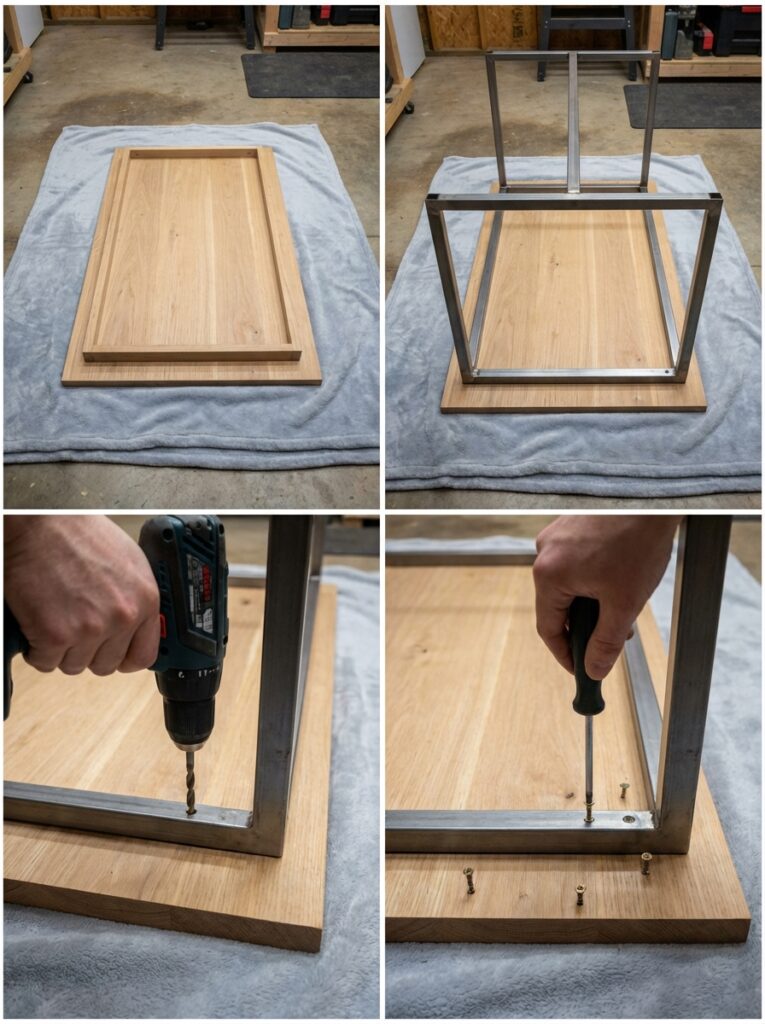 ai-photo-studio-1766674113997-1 DIY tabletop assembly: wooden surface and metal frame, using a drill and screwdriver for construction on a workshop floor. | Sky Rye Design DIY tabletop assembly: wooden surface and metal frame, using a drill and screwdriver for construction on a workshop floor.