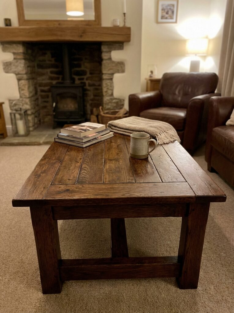 ai-photo-studio-1766674269292-1 Cozy living room with dark wooden coffee table, books, a mug, and a fireplace, creating a warm, inviting atmosphere. | Sky Rye Design Cozy living room with dark wooden coffee table, books, a mug, and a fireplace, creating a warm, inviting atmosphere.