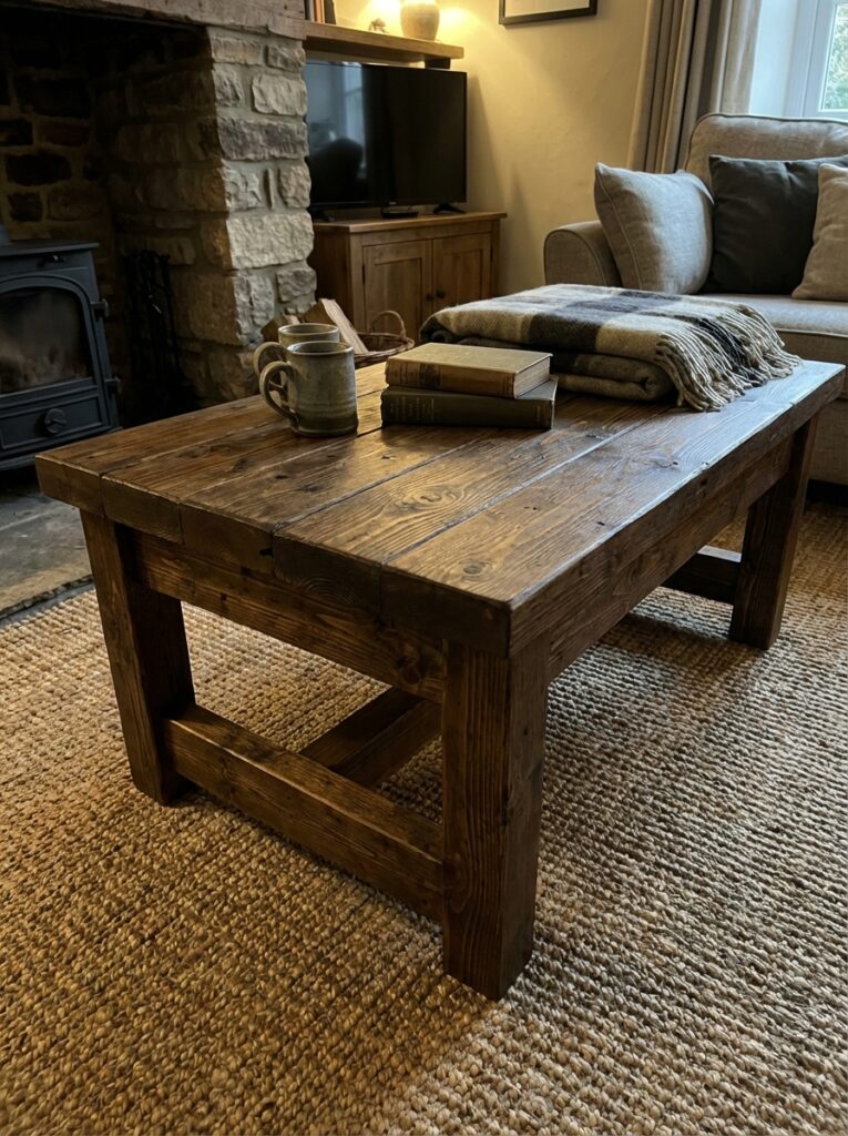 ai-photo-studio-1766674270463-2 Rustic wooden coffee table with books, mug, and blanket in cozy living room setting by a stone fireplace and comfy sofa. | Sky Rye Design Rustic wooden coffee table with books, mug, and blanket in cozy living room setting by a stone fireplace and comfy sofa.