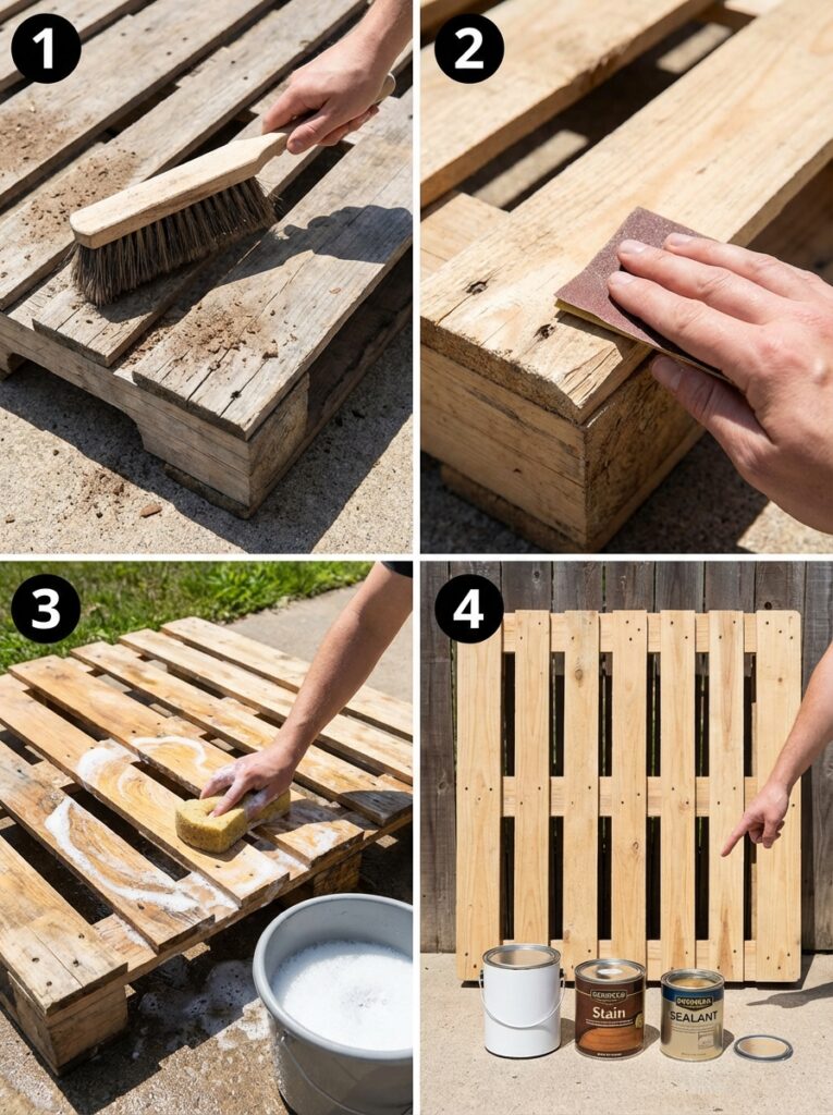 ai-photo-studio-1766676002775-1 Step-by-step guide showing how to clean, sand, wash, and treat a wooden pallet for a DIY project, with tools and supplies in sequence. | Sky Rye Design Step-by-step guide showing how to clean, sand, wash, and treat a wooden pallet for a DIY project, with tools and supplies in sequence.