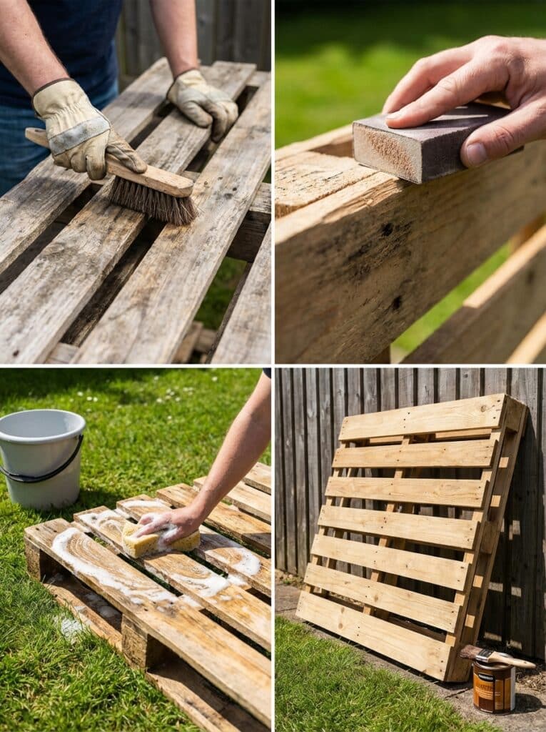 ai-photo-studio-1766676004107-2 Cleaning and preparing wooden pallets with brushing, sanding, and washing for DIY projects in the garden. | Sky Rye Design Cleaning and preparing wooden pallets with brushing, sanding, and washing for DIY projects in the garden.