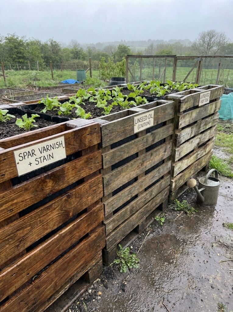ai-photo-studio-1766676561811-1 Wooden planter boxes with growing seedlings in a rainy garden, labeled with different treatments like spar varnish and linseed oil. | Sky Rye Design Wooden planter boxes with growing seedlings in a rainy garden, labeled with different treatments like spar varnish and linseed oil.