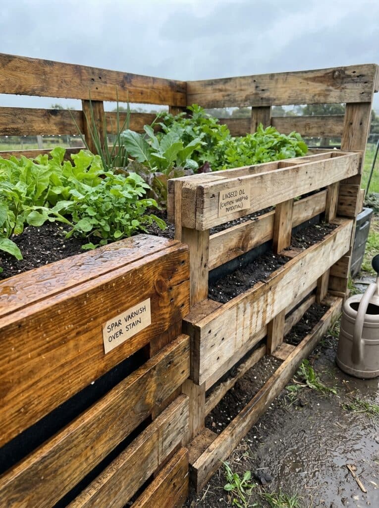 ai-photo-studio-1766676563042-2 Wooden pallet garden planter with lush vegetable growth, labeled with linseed oil and varnish treatment, set on a rainy day. | Sky Rye Design Wooden pallet garden planter with lush vegetable growth, labeled with linseed oil and varnish treatment, set on a rainy day.