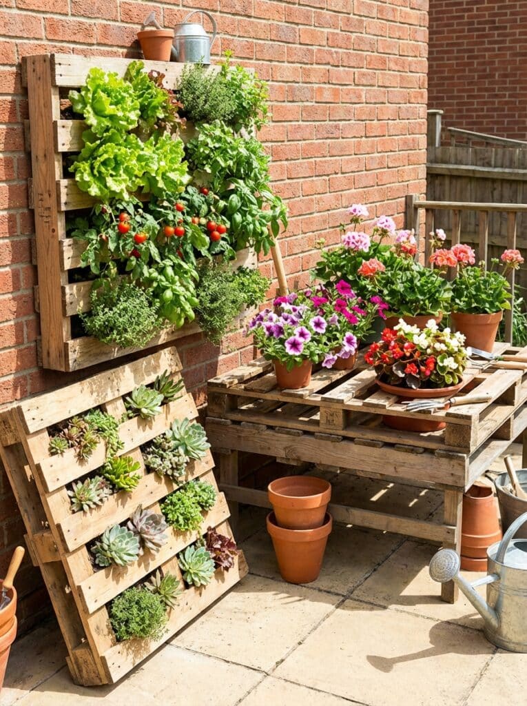 ai-photo-studio-1766676612128-1 Vertical garden with herbs, lettuce, and succulents in wooden pallets. Colorful flowers in pots on a wooden table. Urban patio gardening. | Sky Rye Design Vertical garden with herbs, lettuce, and succulents in wooden pallets. Colorful flowers in pots on a wooden table. Urban patio gardening.