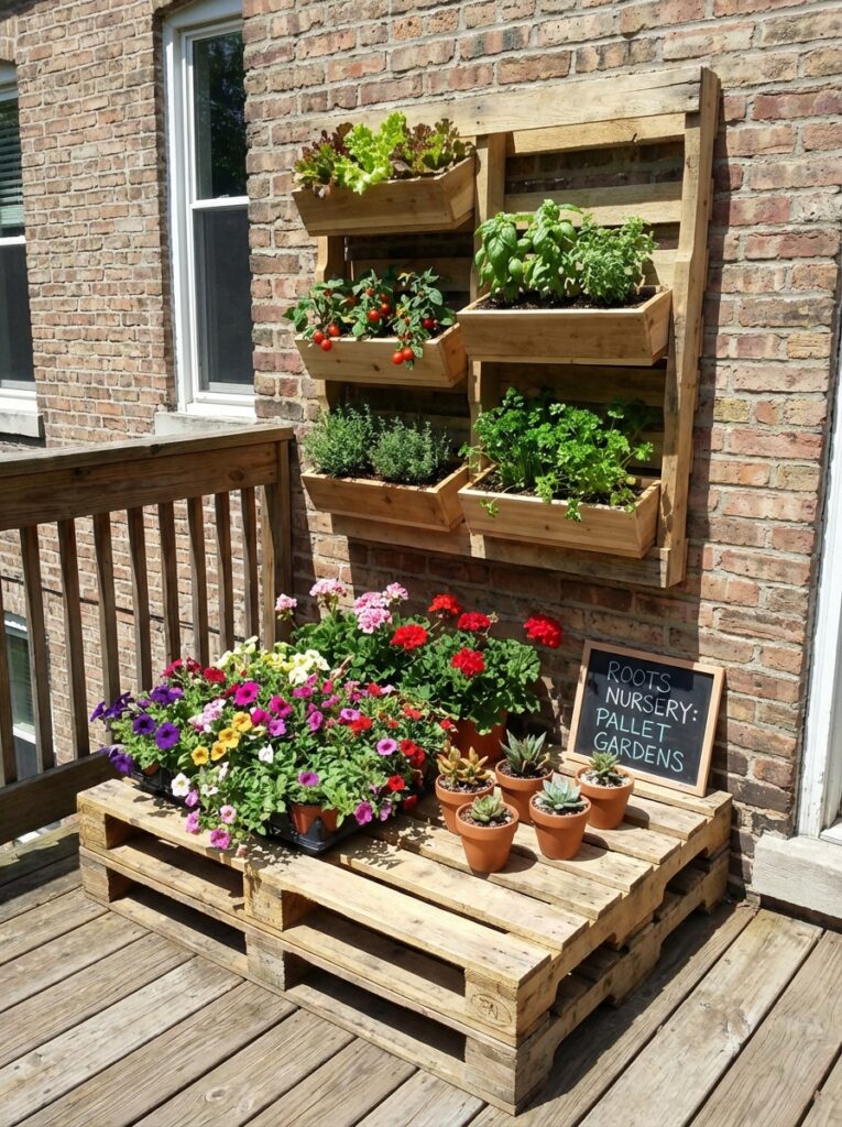 ai-photo-studio-1766676614473-2 Vertical pallet garden with colorful flowers and herbs on a wooden patio, featuring lettuce, tomatoes, and succulents in pots. | Sky Rye Design Vertical pallet garden with colorful flowers and herbs on a wooden patio, featuring lettuce, tomatoes, and succulents in pots.