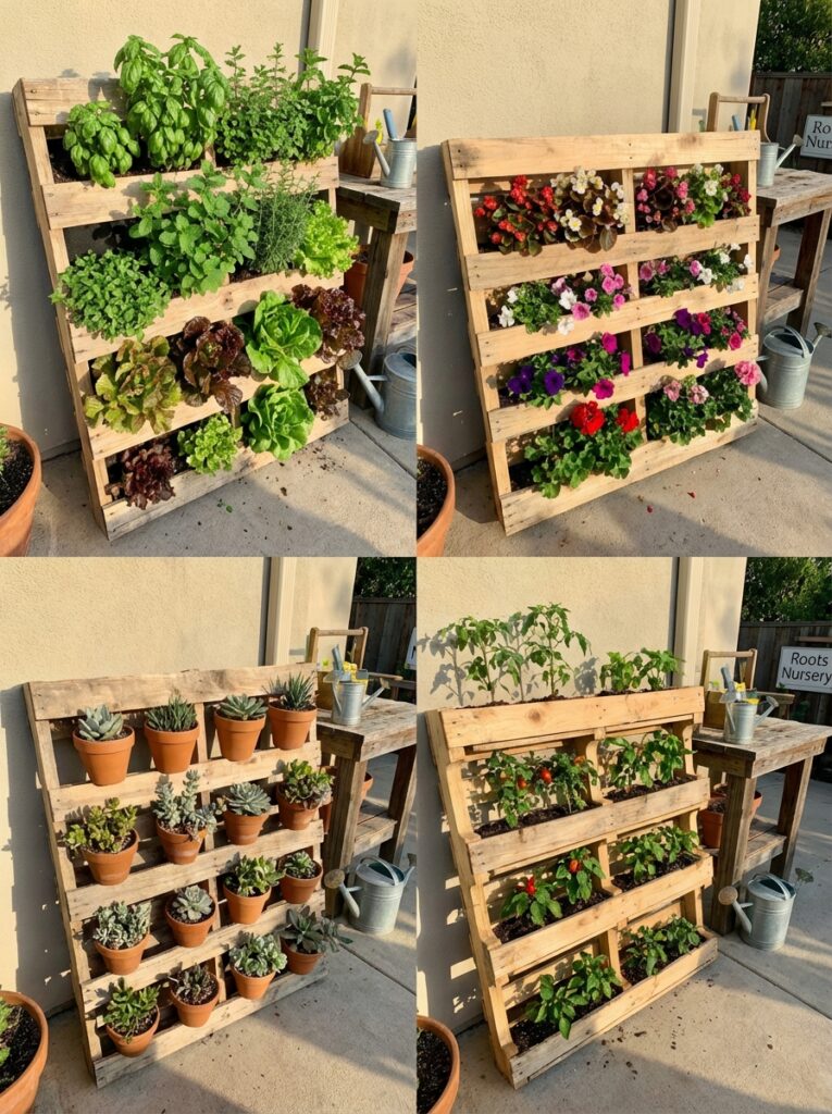 ai-photo-studio-1766676666744-1 Vertical wooden pallet gardens with herbs, flowers, succulents, and vegetables on an outdoor patio. Perfect for small spaces. | Sky Rye Design Vertical wooden pallet gardens with herbs, flowers, succulents, and vegetables on an outdoor patio. Perfect for small spaces.