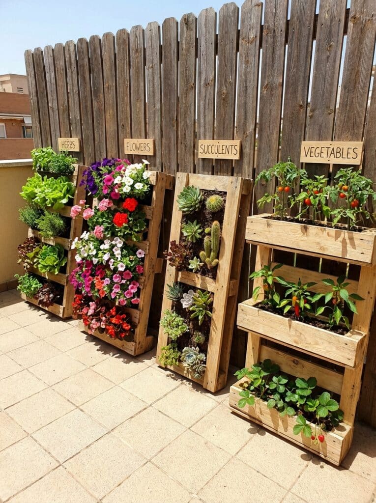 ai-photo-studio-1766676668191-2 Vertical garden display with herbs, flowers, succulents, and vegetables in wooden pallets against a wooden fence. Ideal for small spaces. | Sky Rye Design Vertical garden display with herbs, flowers, succulents, and vegetables in wooden pallets against a wooden fence. Ideal for small spaces.