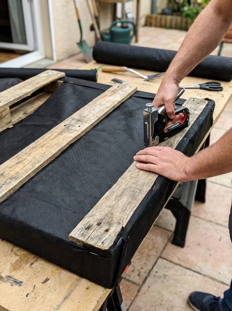 ai-photo-studio-1766676955590-1 Person using a staple gun to secure fabric to a wooden frame while building a garden frame on a patio table. | Sky Rye Design Person using a staple gun to secure fabric to a wooden frame while building a garden frame on a patio table.