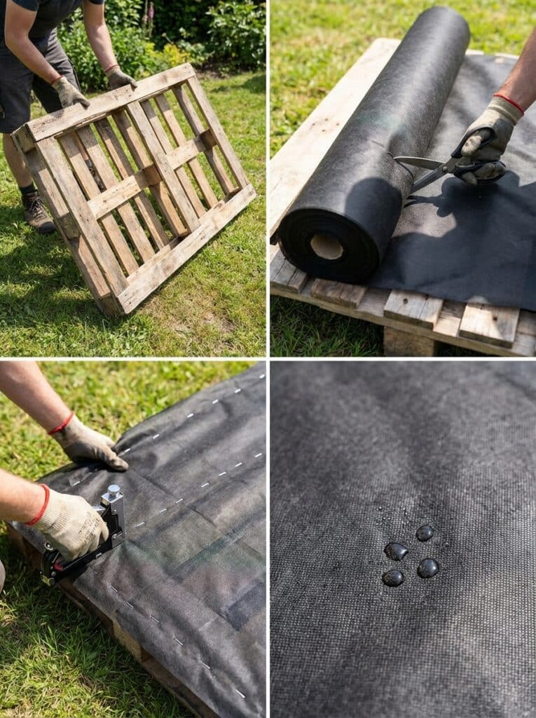 ai-photo-studio-1766676957624-2 DIY garden project: assembling a wooden pallet with landscape fabric, cutting and stapling it together for durable, water-resistant coverage. | Sky Rye Design DIY garden project: assembling a wooden pallet with landscape fabric, cutting and stapling it together for durable, water-resistant coverage.