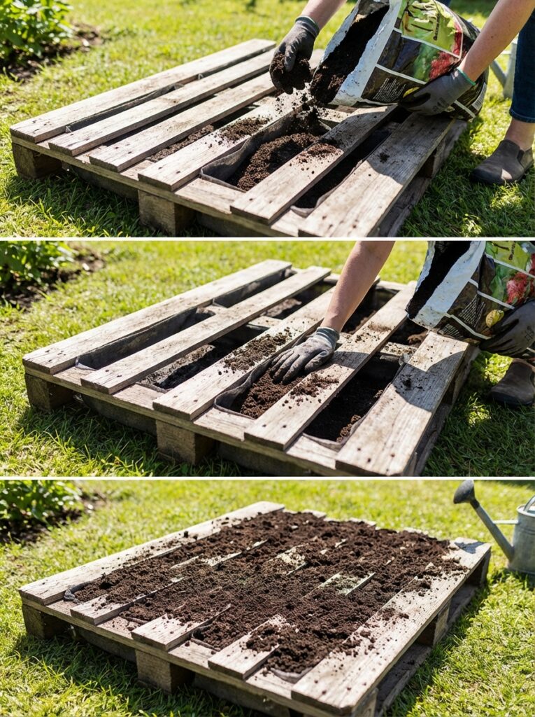 ai-photo-studio-1766677012759-2 Filling a pallet with soil for gardening on a sunny day. DIY gardening project on grass, using gloves and a watering can nearby. | Sky Rye Design Filling a pallet with soil for gardening on a sunny day. DIY gardening project on grass, using gloves and a watering can nearby.