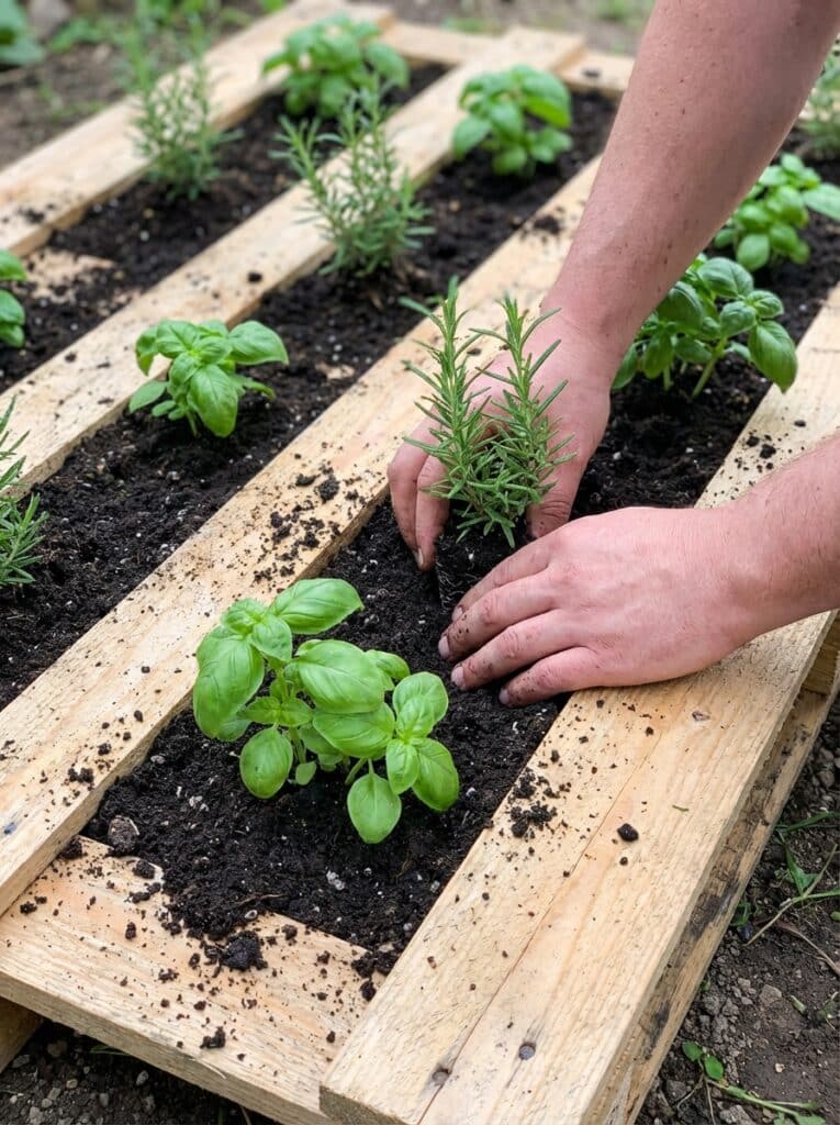 ai-photo-studio-1766677109076-1 Hands planting herbs like basil and rosemary in a wooden pallet garden bed, illustrating sustainable gardening techniques. | Sky Rye Design Hands planting herbs like basil and rosemary in a wooden pallet garden bed, illustrating sustainable gardening techniques.
