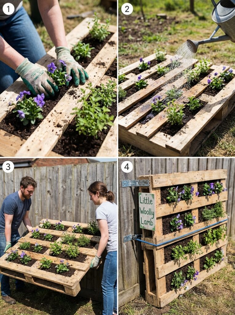 ai-photo-studio-1766677111040-2 DIY pallet garden project: planting, watering, lifting, and displaying vibrant flowers for a vertical garden. Eco-friendly gardening solution. | Sky Rye Design DIY pallet garden project: planting, watering, lifting, and displaying vibrant flowers for a vertical garden. Eco-friendly gardening solution.
