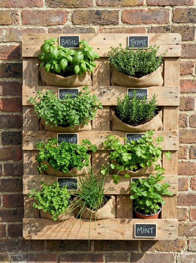 ai-photo-studio-1766677203013-1 Wooden wall garden with basil, thyme, oregano, rosemary, parsley, cilantro, chives, and mint in burlap sacks against a brick wall. | Sky Rye Design Wooden wall garden with basil, thyme, oregano, rosemary, parsley, cilantro, chives, and mint in burlap sacks against a brick wall.