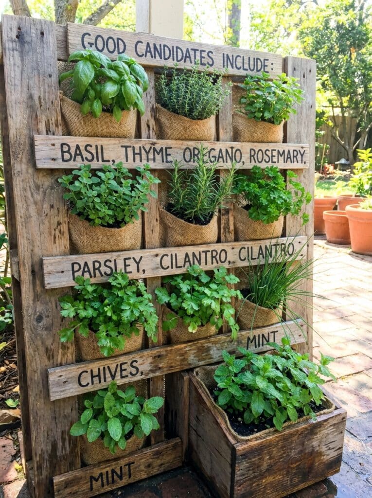 ai-photo-studio-1766677204624-2 Vertical herb garden with labeled burlap sacks for basil, thyme, oregano, rosemary, parsley, cilantro, chives, and mint. | Sky Rye Design Vertical herb garden with labeled burlap sacks for basil, thyme, oregano, rosemary, parsley, cilantro, chives, and mint.
