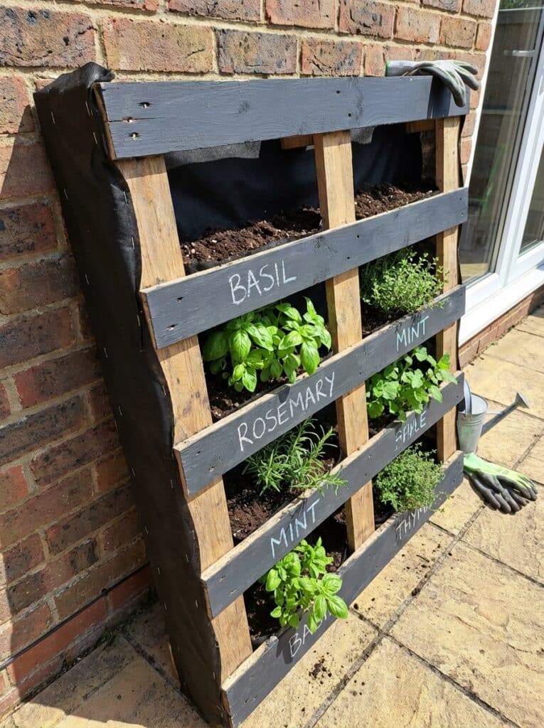 ai-photo-studio-1766677248374-2 Vertical wooden pallet herb garden with basil, rosemary, and mint, against a brick wall, and nearby gardening gloves and watering can. | Sky Rye Design Vertical wooden pallet herb garden with basil, rosemary, and mint, against a brick wall, and nearby gardening gloves and watering can.