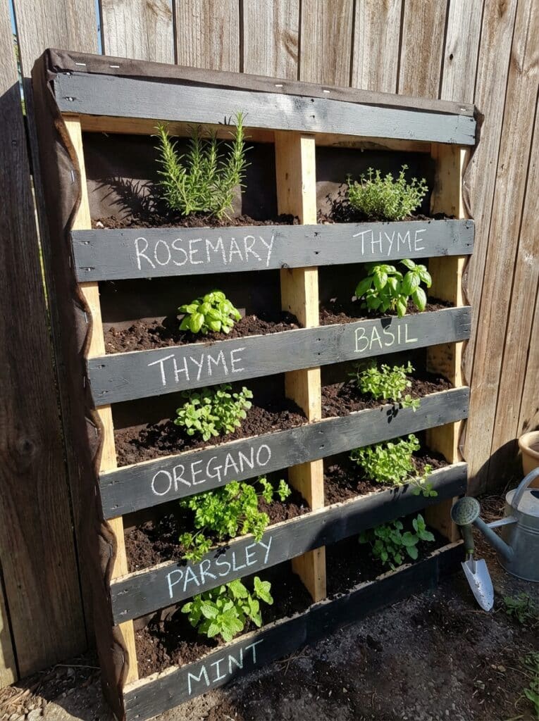 ai-photo-studio-1766677295058-1 Vertical herb garden with rosemary, thyme, basil, oregano, parsley, and mint growing in labeled wooden pallet compartments. | Sky Rye Design Vertical herb garden with rosemary, thyme, basil, oregano, parsley, and mint growing in labeled wooden pallet compartments.