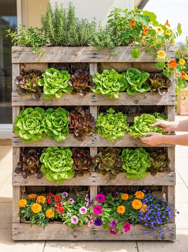 ai-photo-studio-1766677351592-1 Vertical garden on a wooden pallet with fresh herbs, leafy greens, and colorful flowers, ideal for small spaces and urban gardening. | Sky Rye Design Vertical garden on a wooden pallet with fresh herbs, leafy greens, and colorful flowers, ideal for small spaces and urban gardening.