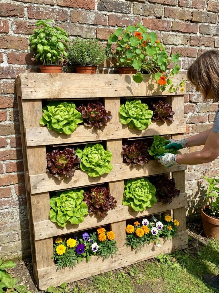 ai-photo-studio-1766677353272-2 Vertical garden with lettuce and flowers in a wooden pallet, person tending to plants against brick wall in a sunny backyard setting. | Sky Rye Design Vertical garden with lettuce and flowers in a wooden pallet, person tending to plants against brick wall in a sunny backyard setting.