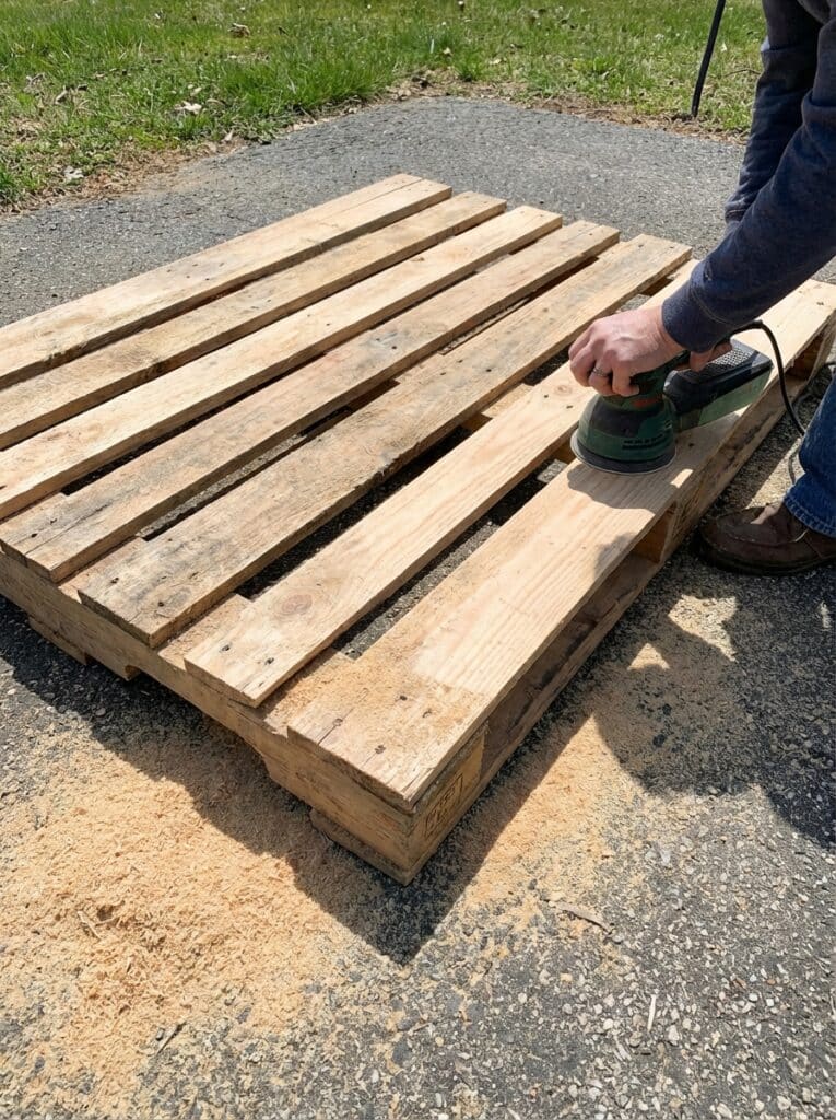 ai-photo-studio-1766677674894-2 Sanding a wooden pallet outdoors to smooth and prepare the surface for DIY projects or furniture crafting, with sawdust on the ground. | Sky Rye Design Sanding a wooden pallet outdoors to smooth and prepare the surface for DIY projects or furniture crafting, with sawdust on the ground.