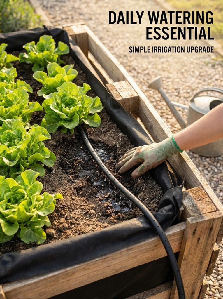 ai-photo-studio-1766677737243-1 Gloved hand adjusting drip irrigation in a raised garden bed with thriving lettuce plants, optimizing daily watering efficiency. | Sky Rye Design Gloved hand adjusting drip irrigation in a raised garden bed with thriving lettuce plants, optimizing daily watering efficiency.