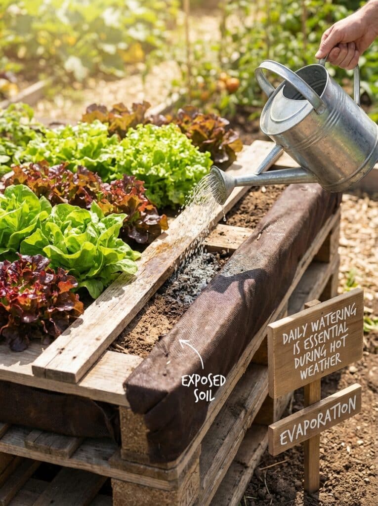 ai-photo-studio-1766677739204-2 Watering lettuce in a raised garden bed, highlighting the importance of daily watering during hot weather, with visible evaporation sign. | Sky Rye Design Watering lettuce in a raised garden bed, highlighting the importance of daily watering during hot weather, with visible evaporation sign.