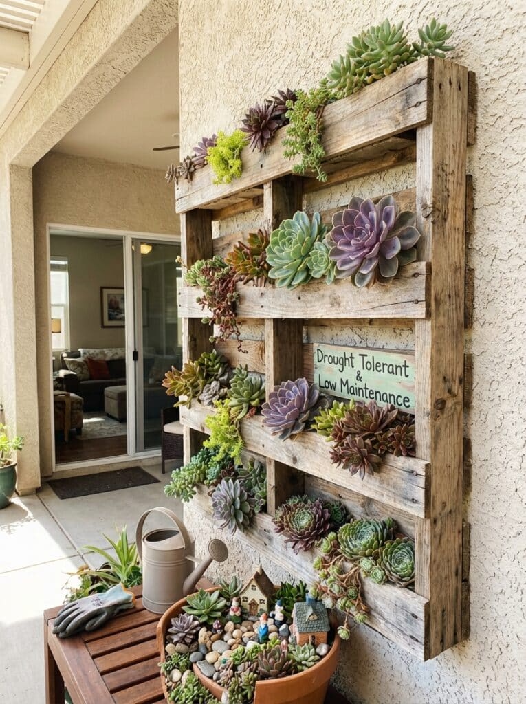 ai-photo-studio-1766677979654-1 Vertical succulent garden on a wooden pallet with a drought-tolerant, low-maintenance sign, outdoor decor with watering can and gloves. | Sky Rye Design Vertical succulent garden on a wooden pallet with a drought-tolerant, low-maintenance sign, outdoor decor with watering can and gloves.