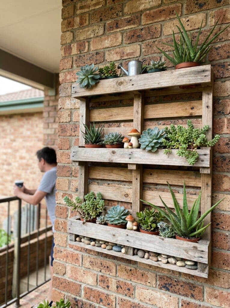 ai-photo-studio-1766677981567-2 Vertical garden with succulents in wooden frame on brick wall; man enjoying a coffee on patio in the background. | Sky Rye Design Vertical garden with succulents in wooden frame on brick wall; man enjoying a coffee on patio in the background.