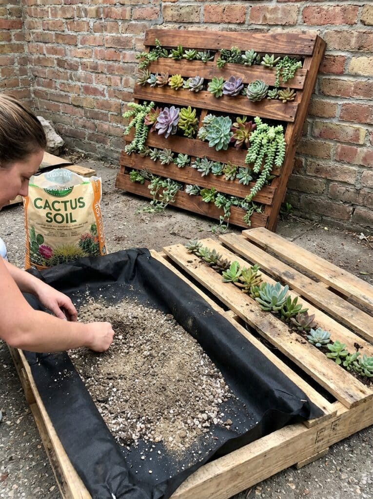 ai-photo-studio-1766678225621-2 Person planting a vertical succulent garden using cactus soil in a wooden pallet, against a brick wall for a DIY gardening project. | Sky Rye Design Person planting a vertical succulent garden using cactus soil in a wooden pallet, against a brick wall for a DIY gardening project.